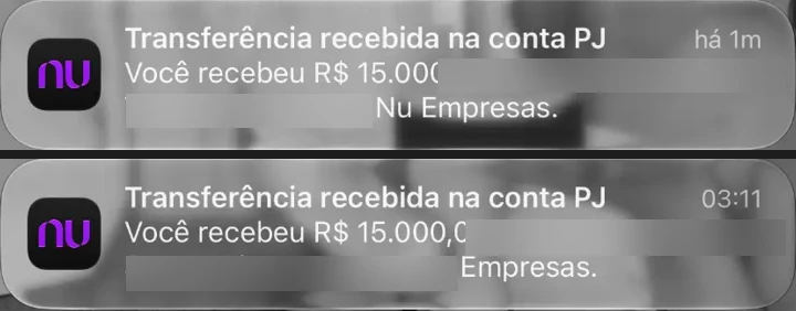 Transferências de R$ 15.000,00 recebidas