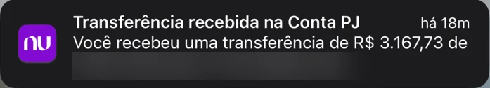 Transferência recebida de R$ 3.167,73